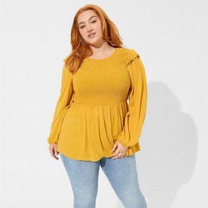 TORRID Mineral Yellow Peplum Crinkle Gauze Smocked Top